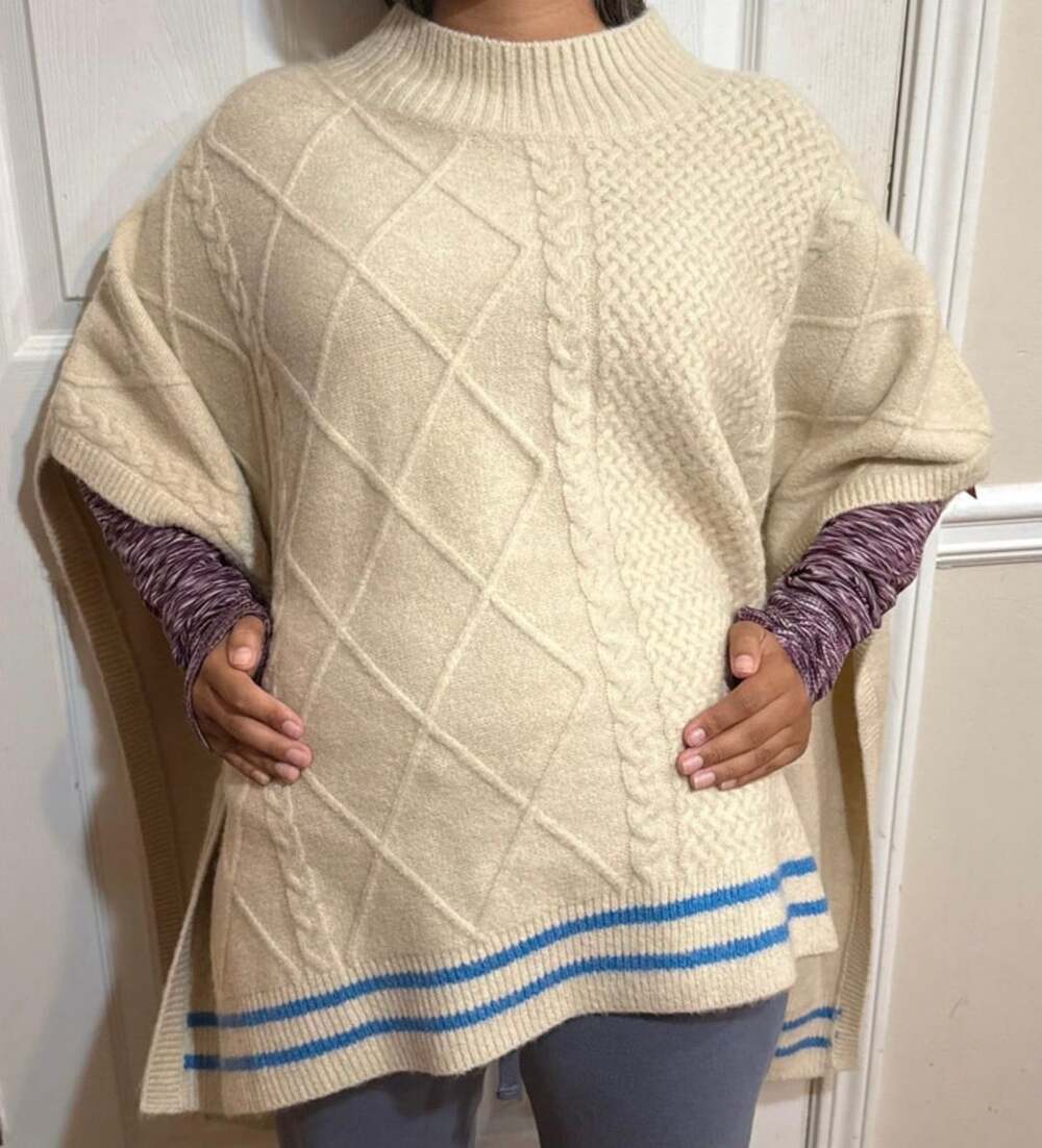 Free People Cable Knit Poncho Sweater Ivory Blue Stripe One Size